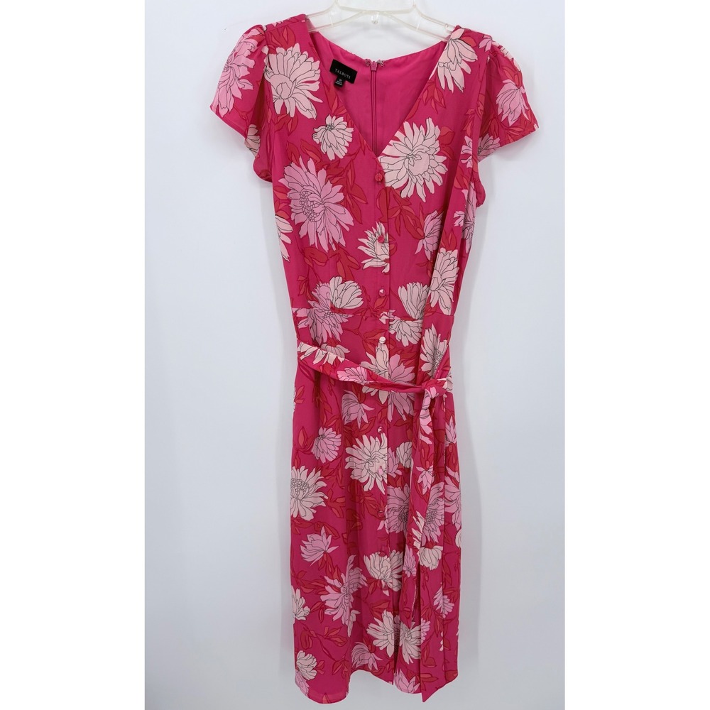Talbots Fit & Flare Button Dress Women 10 Pink Floral Flutter Sleeve Belted Midi